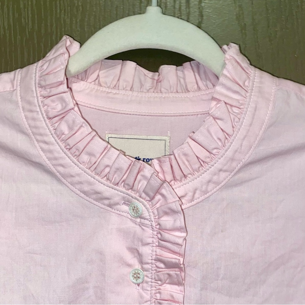 Court & Rowe Ruffle Trim Button-Up Top in Chambray Pink - Picture 8 of 13